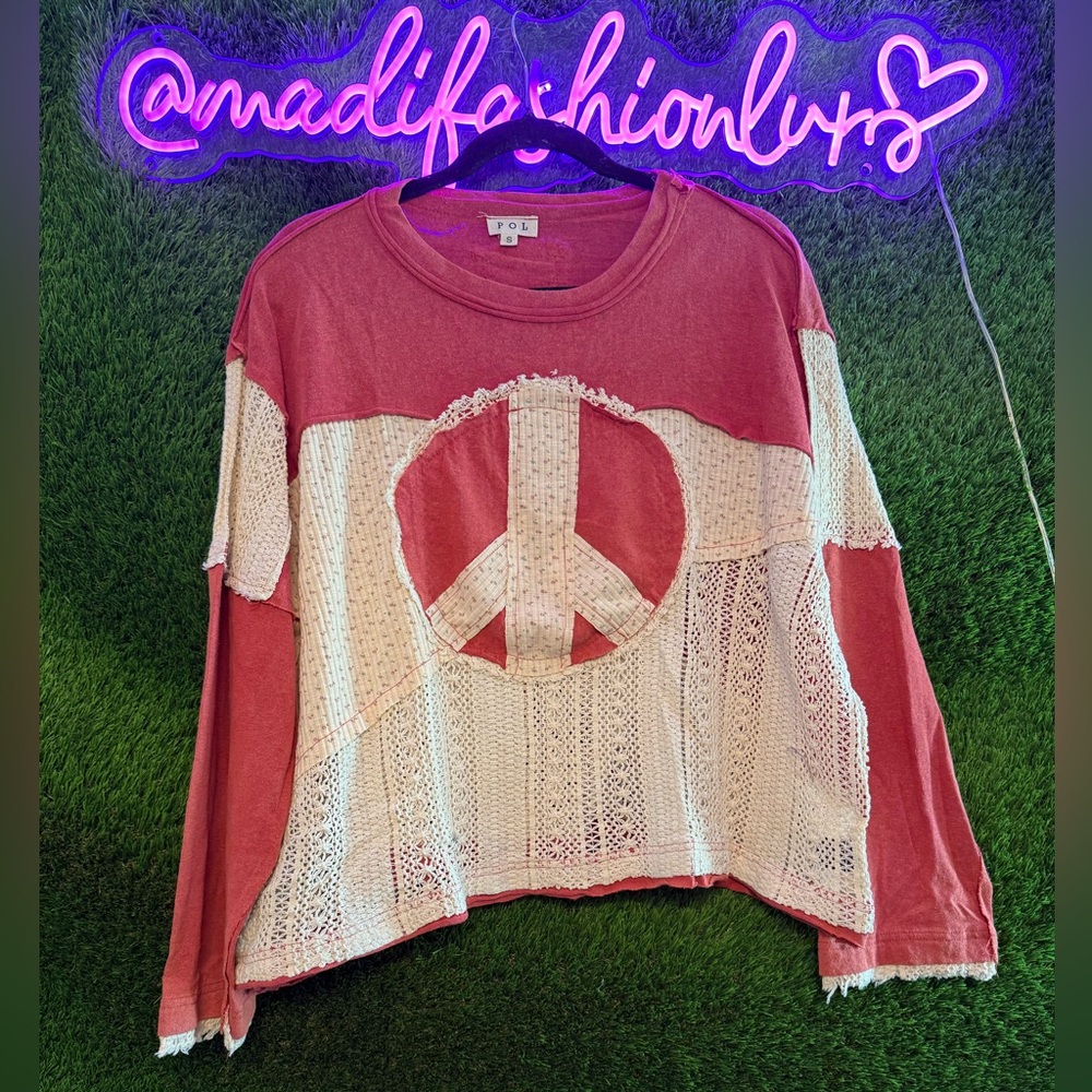 POL Red and Cream Peace Sign Top
